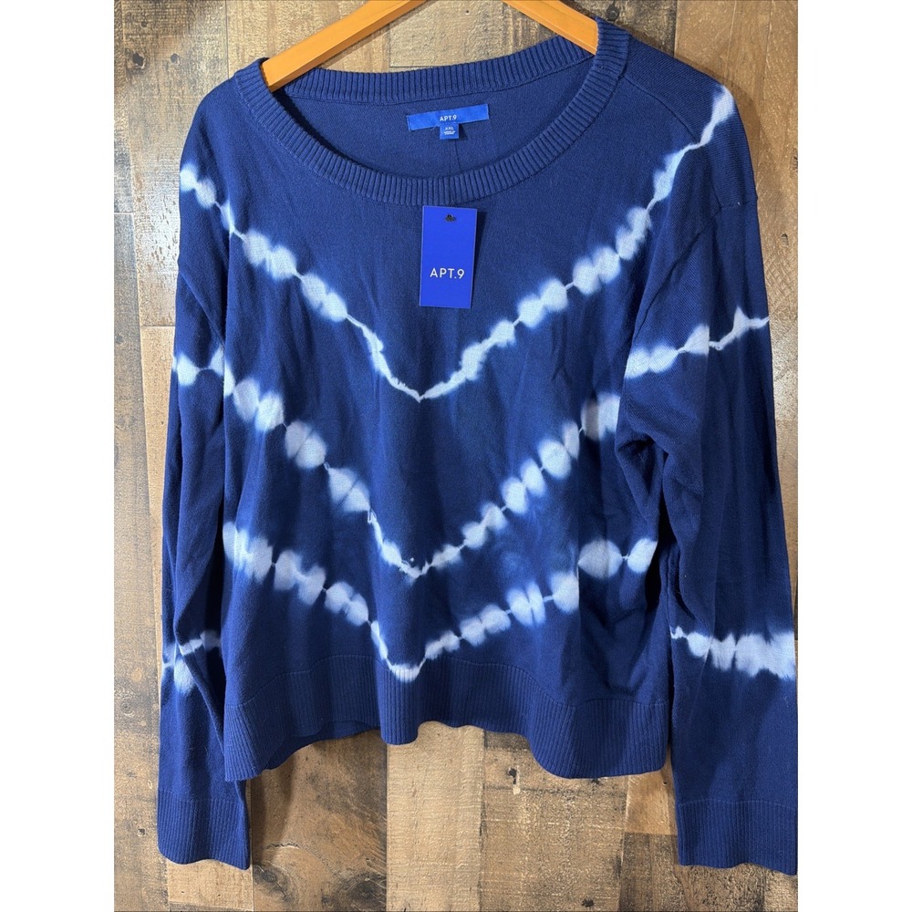 Apt 9 Women's XXL Blue Tie Dye Chevron Knit Pullover Crop Sweater Plus Size NWT